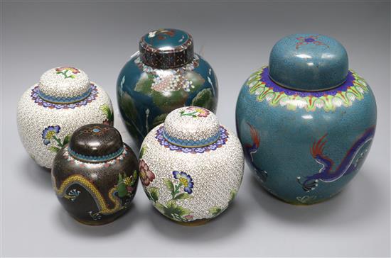 A cloisonne ginger jar decorated with hydrangea and four other Chinese and Japanese ginger jars, tallest 20cm